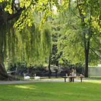 Une femme assise dans un parc à Boston, aux Etats Unis